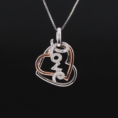 Sterling Diamond "Love" and Double Heart Pendant Necklace