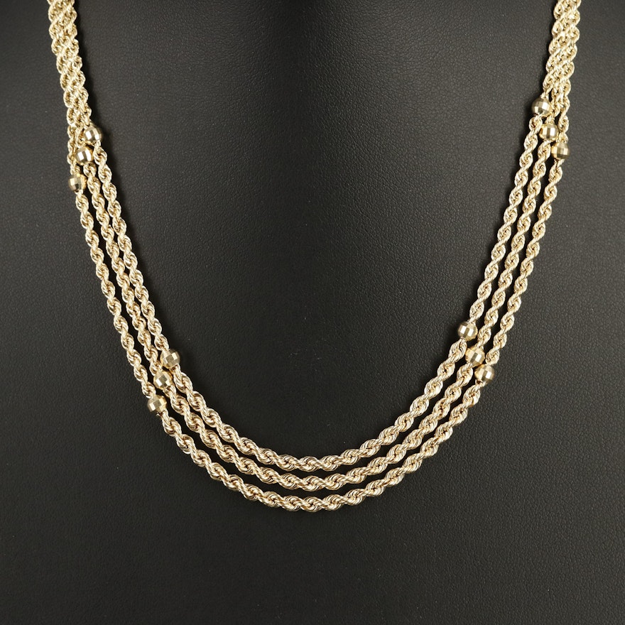 10K Rope Chain Festoon Necklace with Faceted Bead Stations