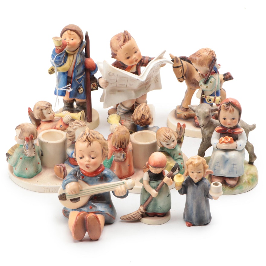 Goebel "Latest News" and Other Porcelain Figurines and Candle Holders