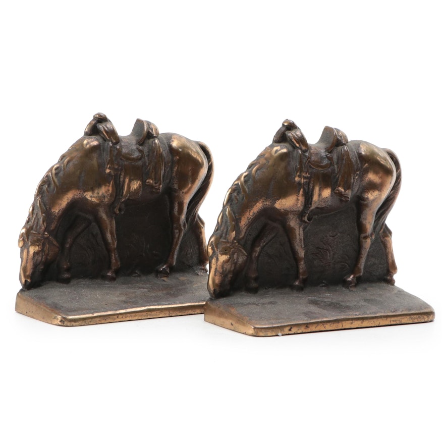 Brass Tone Cast Iron Grazing Horses Bookends