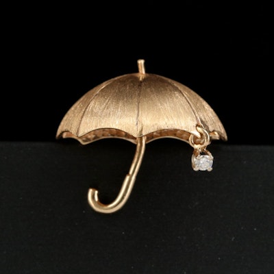 Vintage Larter & Sons 14K Umbrella Brooch with 0.03 CT Diamond Raindrop