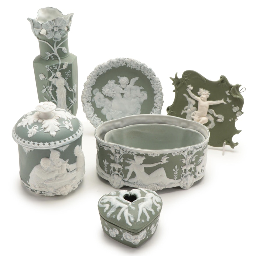 Schafer & Vater Jasperware Cache Pot, Vase and Other Decor Items