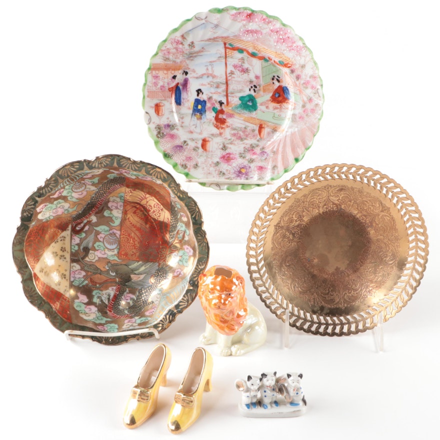 Japanese Porcelain Decorative Dishes with Figurines and Brass Bowl