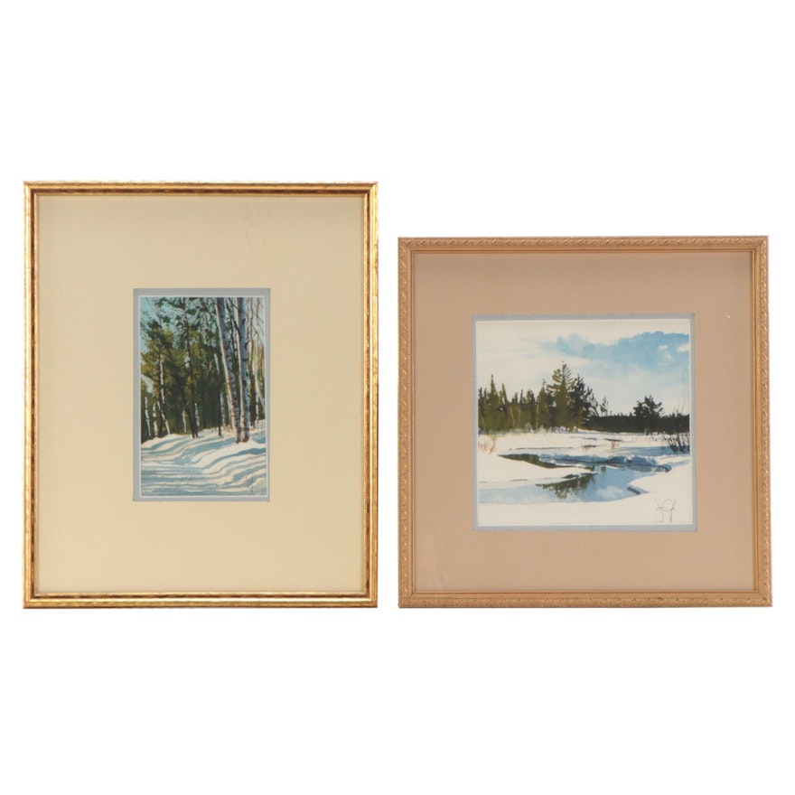 James Goetz Winter Landscape Watercolor Paintings, Late 20th Century