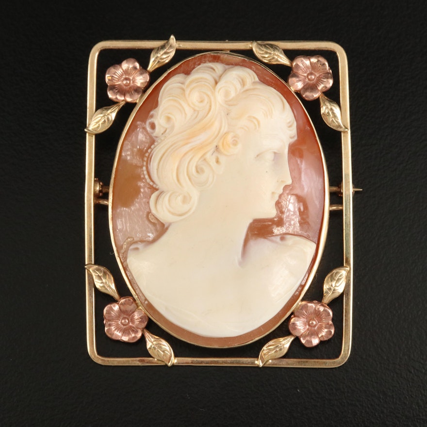 1930s 10K Shell Cameo Converter Brooch with Rose Gold Accents