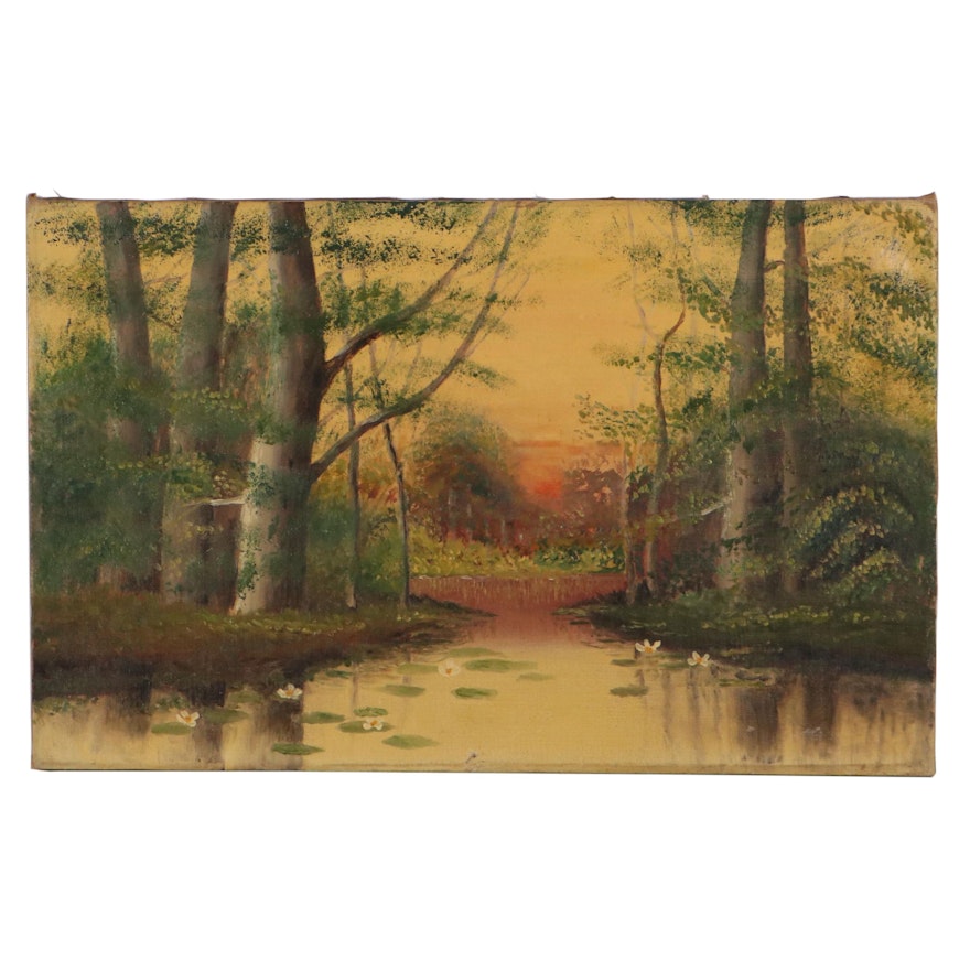 Landscape Oil Painting of River and Forest, Mid-20th Century