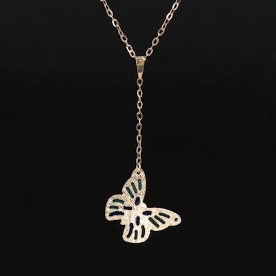 14K Plique-à-Jour Style Butterfly Drop Pendant Necklace