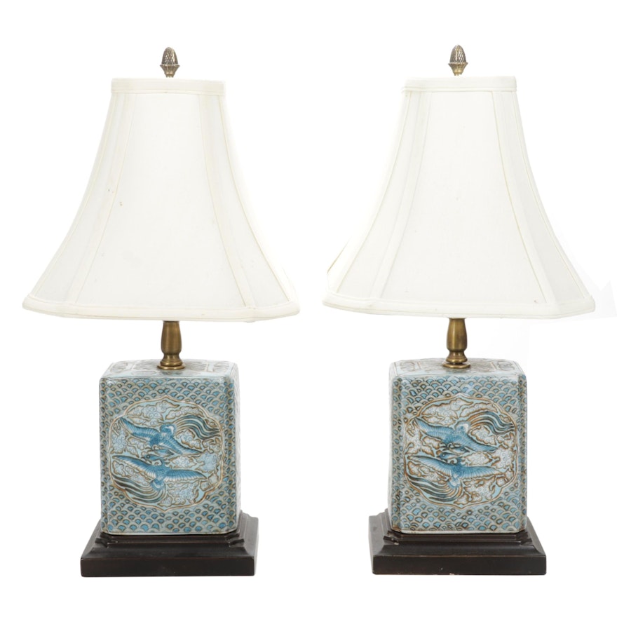 Pair of Double Phoenix Porcelain Canister Style Lamps, Late 20th Century