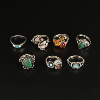 Sterling, Amber, Turquoise and Coral Featured in Ring Assortment