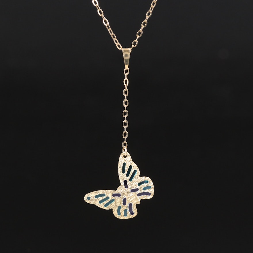 14K Plique-à-jour Style Butterfly Drop Pendant Necklace
