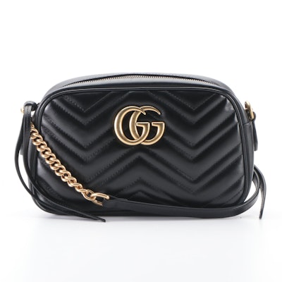 Gucci GG Marmont Shoulder Bag in Quilted Black Matelassé Leather with Box