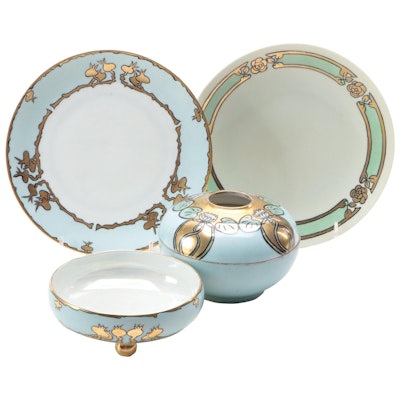 Art Nouveau Hand-Painted Hobbyist Porcelain Plates, Dish, and Hair Receiver