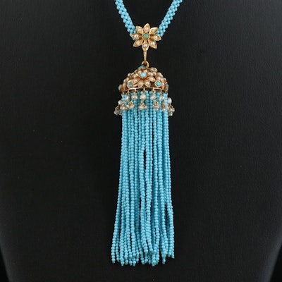 18K Pearl, Turquoise and Imitation Turquoise Jhumka Pendant Necklace