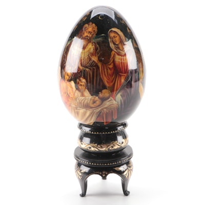 Hand-Painted Russian Lacquered Wood Nativity Scene Egg