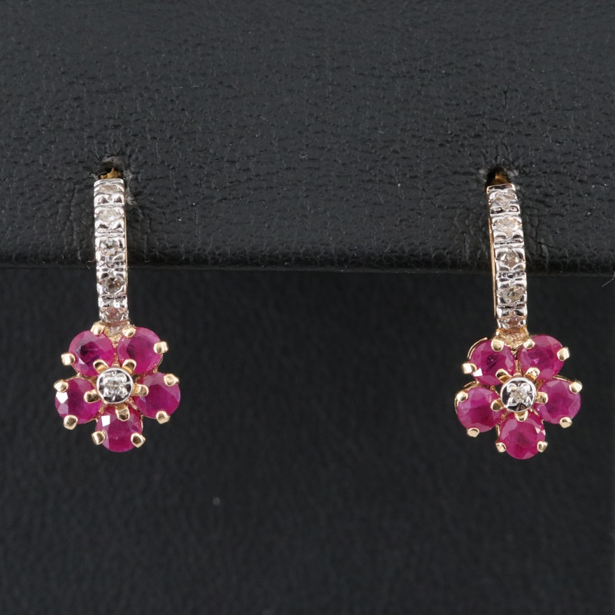 14K Ruby and Diamond Flower Earrings