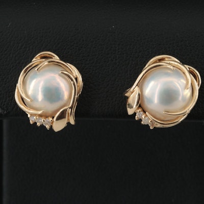 14K Mabé Pearl and Diamond Button Earrings
