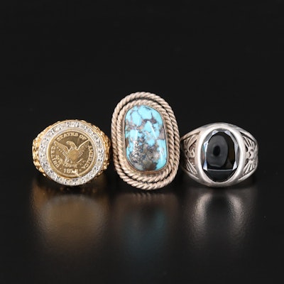 Sterling Ring Selection with Coin, Turquoise and Hematite