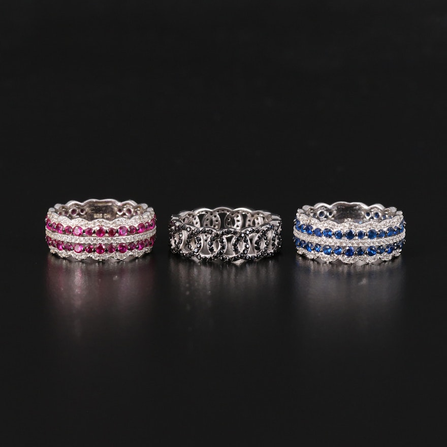 Sterling Eternity Bands with Spinel, Sapphire and Ruby