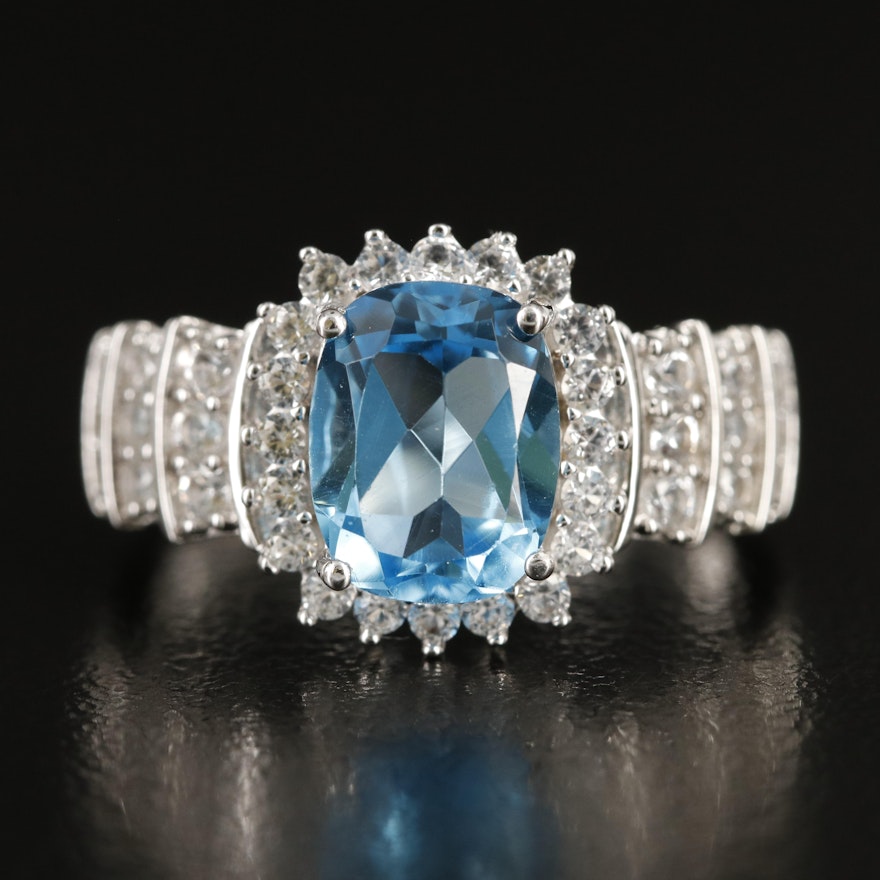 Sterling Swiss Blue Topaz and Sapphire Ring with Multi-Row Shoulders