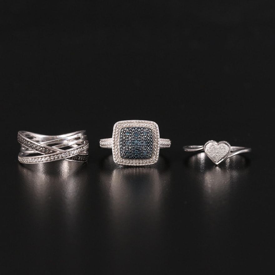 Sterling Diamond Rings Including Heart and Crossover