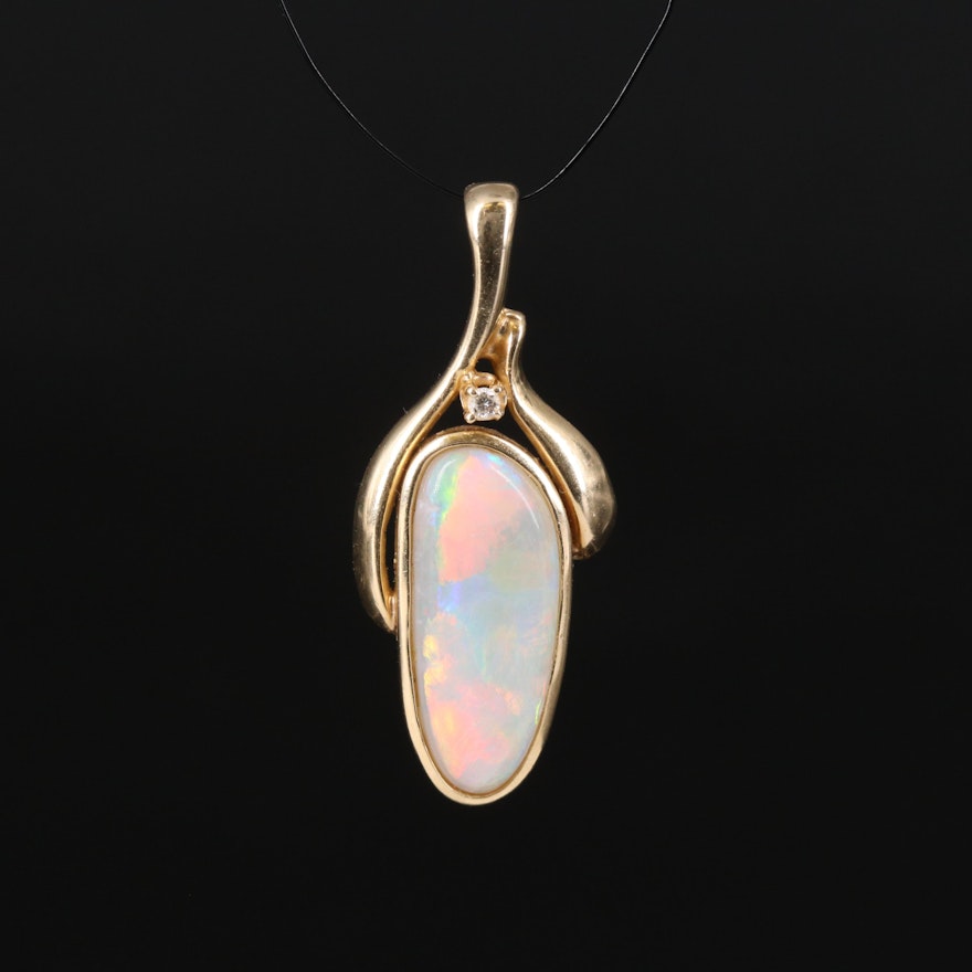 14K Opal and Diamond Freeform Pendant