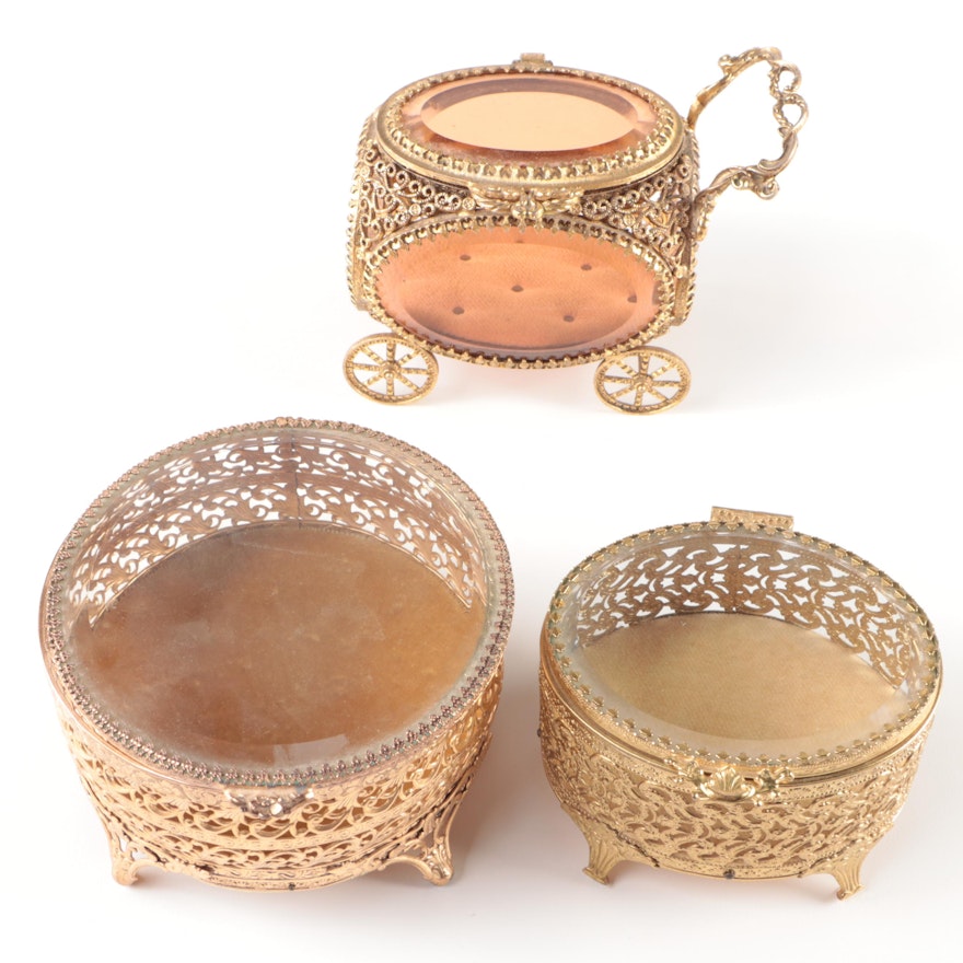 Rococo Style Gilt Metal and Glass Vanity Boxes, Mid-20th Century