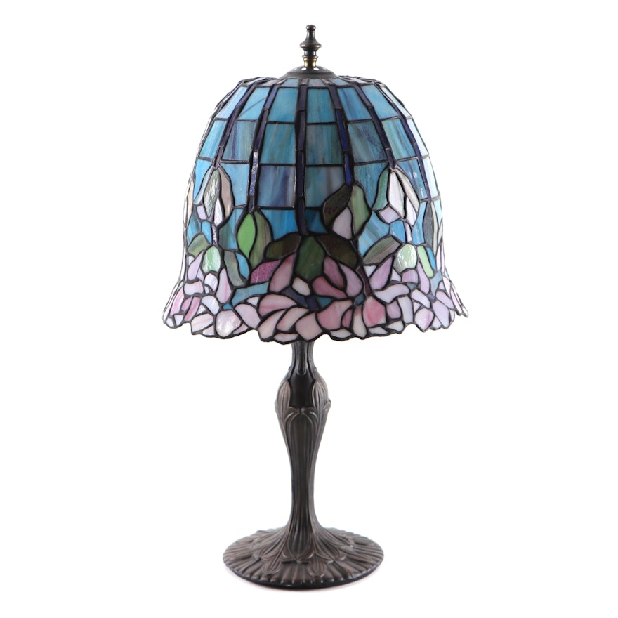 Art Nouveau Style Floral Motif Slag Glass Lamp with Bronze Finished Metal Base