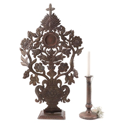 Spanish Baroque Embossed Metal Reliquary and Silverplate Candlestick Lamp