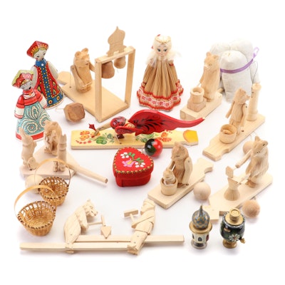 Traditional Russian Tin Litho Windup Dolls, Hand-Carved Kinetic Toys and More