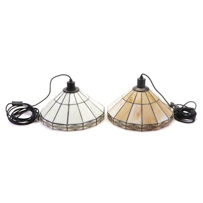 Pair of Geometric Paneled Slag Glass with Metal Overlay Pendant Lamps