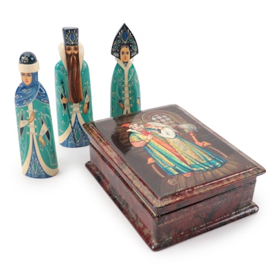  Russian Lacquer and MOP Fedoskino Box with Hand-Painted Figurines