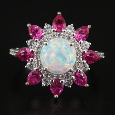 Sterling Opal, Ruby and Sapphire Ring