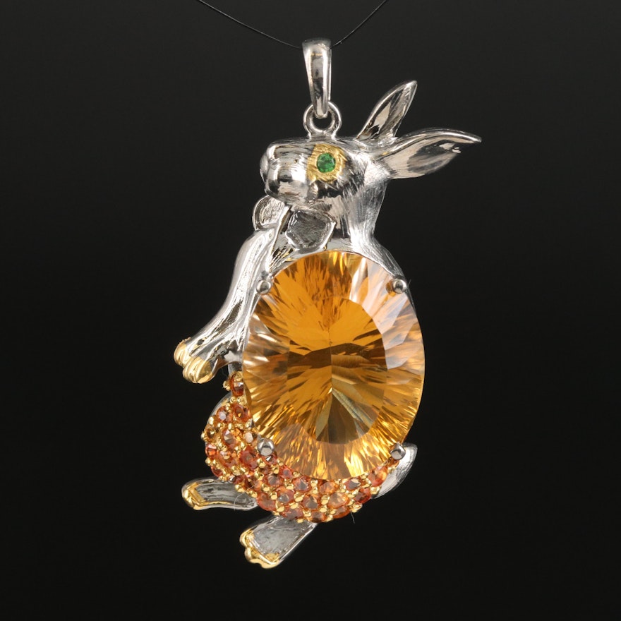 Sterling Rabbit Pendant with Citrine, Sapphire and Diopside