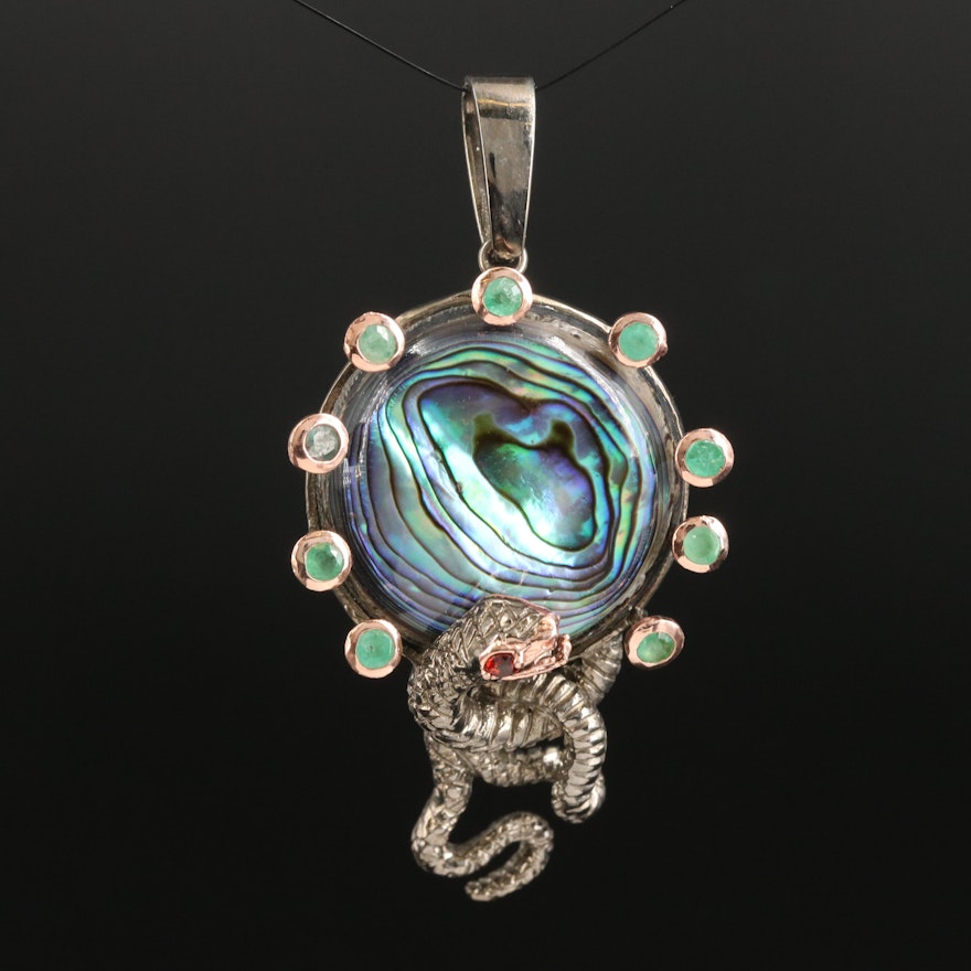 Sterling Abalone, Emerald and Garnet Snake Pendant