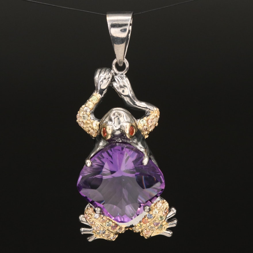 Sterling Amethyst and Sapphire Toad Pendant