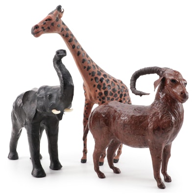 Leather Covered Giraffe, Elephant, and Ram Figurines