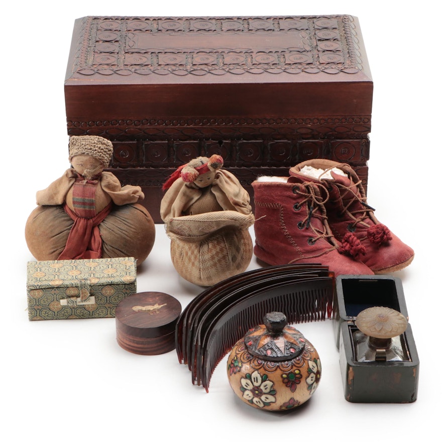 Japanese Lacquerware Boxes, with Leather Baby Shoes, Resin Hair Combs and More