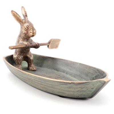 Patinated Cast Brass Rabbit in Rowboat Dish