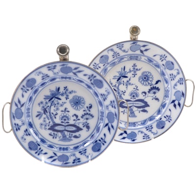 Blue Onion Pattern Porcelain and Silver Plate Warming Plates
