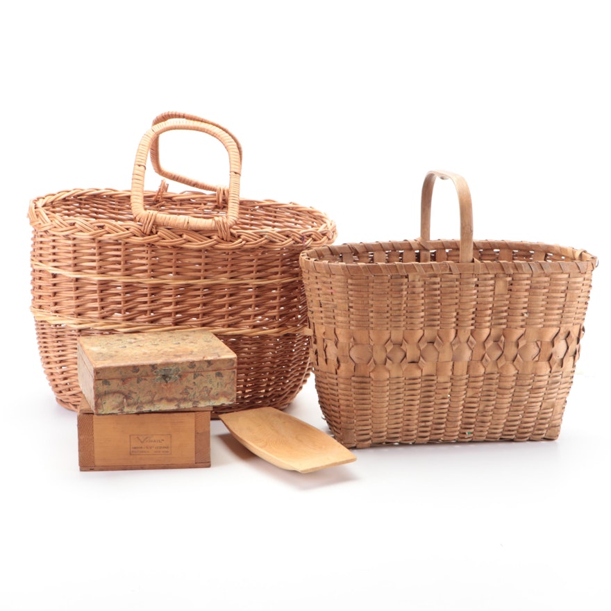 Woven Wicker Handled Baskets with Boxes and Wooden Trencher Bowl