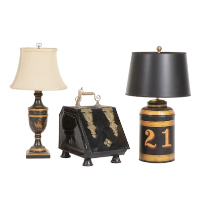 Coal Scuttle with Reproduction Milk Can and Chinoiserie Urn Wood Lamps