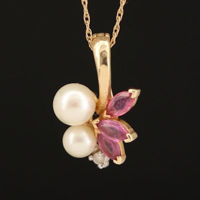 14K Pearl, Ruby and Diamond Pendant Necklace