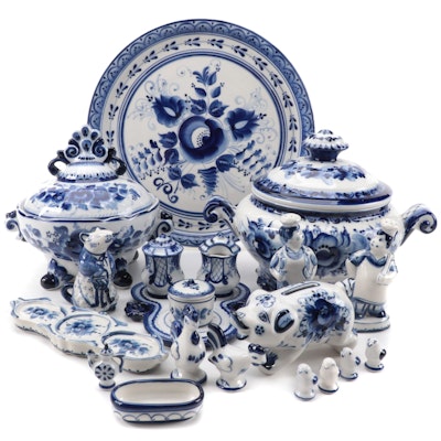 Gzhel Russian Hand-Painted Blue and White Ceramic Tureens and Other Tableware