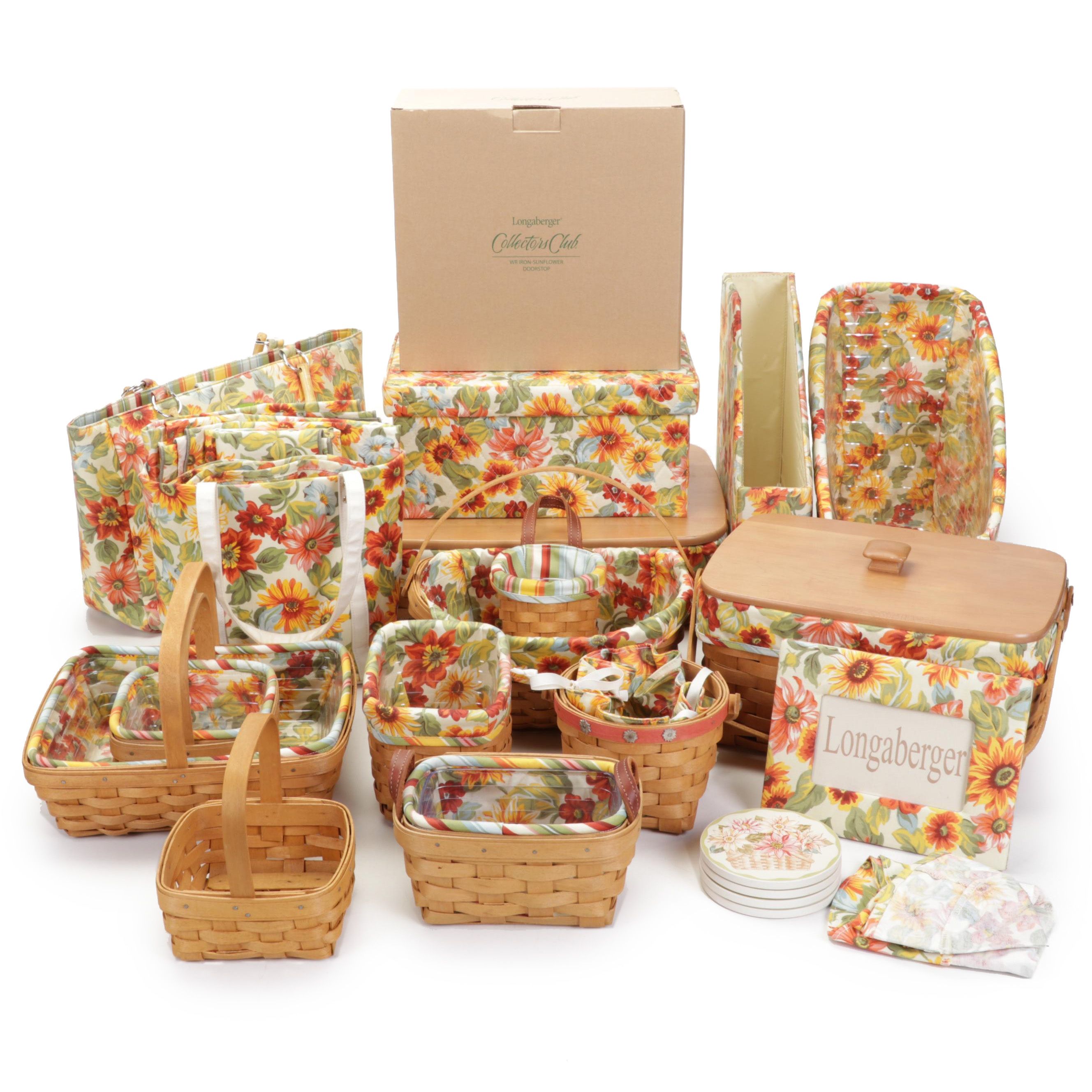 Longaberger Handwoven Baskets With "Sunflower" Liners and Matching