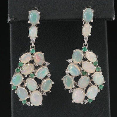 Sterling Opal, Emerald and Cubic Zirconia Cluster Drop Earrings