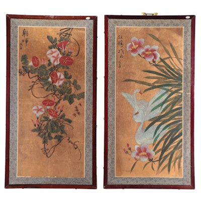 East Asian Gouache and Gold Leaf Paintings on Wood Screen Panels