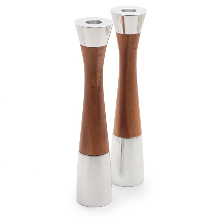 Steve Cozzolino for Nambé Wood and Metal Alloy Candlesticks