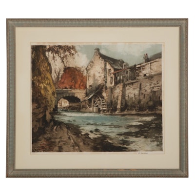 Ferdinand-Jean Luigini Hand-Colored Etching of Waterwheel, Early 20th Century