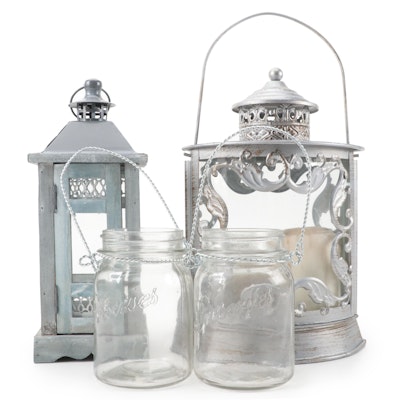 Metal, Wood and Glass Candle Lanterns and Hanging Glass Jar Décor