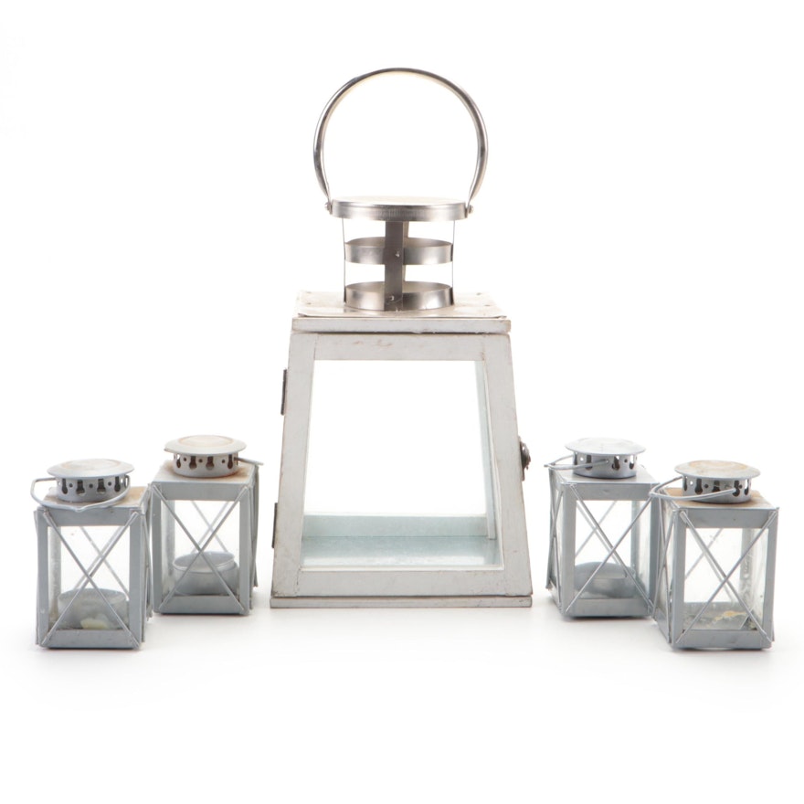 Small Grey Tealight Candle Lanterns with Glass and Wood Lantern